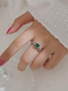 Nooxian 1pc Women's Copper Zirconia Round Emerald Main Stone Bowknot Pave Ring, Daily Accessory Gift - Silver - View 1
