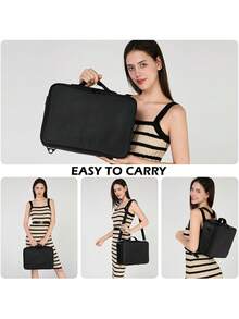 Large Capacity Professional Makeup Travel Case, Adjustable Compartment Cosmetic Storage Box With Makeup Brush Holder & Shoulder Strap - Black - View 10