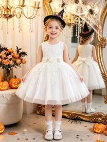Young Girls Elegant White Communion Party Dress For Wedding, Birthday, Holiday, Midi Sleeveless Lace Embroidered Princess Tulle Dress - White - View 3