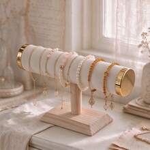 1pc Velvet Jewelry Display Stand, Bracelet, Bangle, Watch Storage Organizer, Gold Iron Frame With Solid Wood Base, Single Layer/3-Tier - Multicolor - View 1