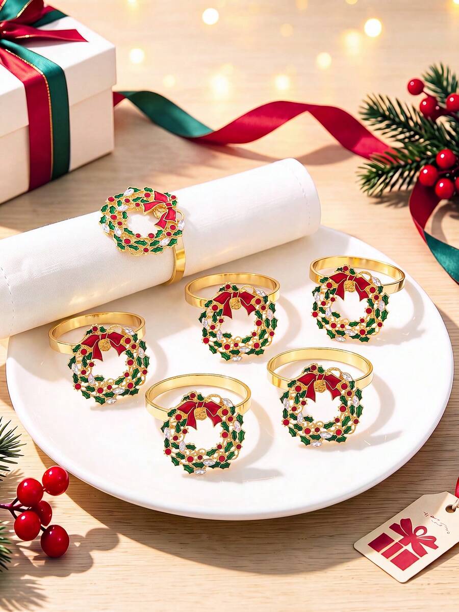 Tkvega • Home 12pcs Christmas Wreath Napkin Rings, Christmas Napkin Rings And Napkins Set, Christmas Dinner Table Decor, Suitable For Room Decoration, Table Decoration, Home Decoration, Perfect For Christmas, Party, Birthday, Wedding And Dinner Buffet Table Elegant Minimalist Decoration - Multicolor - View 1