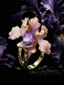 1pc Fashion Dreamy Lavender Glass Iris Flower Ring, Suitable For Women's Ball, Festival, Holiday Wear - Yellow Gold - View 6