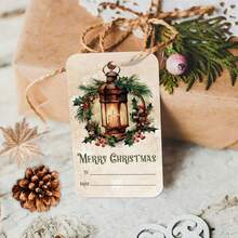 50pcs Merry Christmas Paper Name Gift Tags With Hemp Rope - Reindeer, Holly & Festive Designs, Vintage Holiday Hanging Labels For Xmas Presents, Gift Bags, Party Favor & Crafts - Multicolor - View 4
