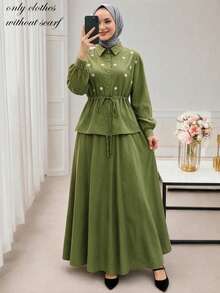 Women's Front Button Drawstring Waist Floral Embroidered 2 Pieces Set, Long Sleeve Shirt + Long Skirt Casual Outfit - Olive Green - View 1