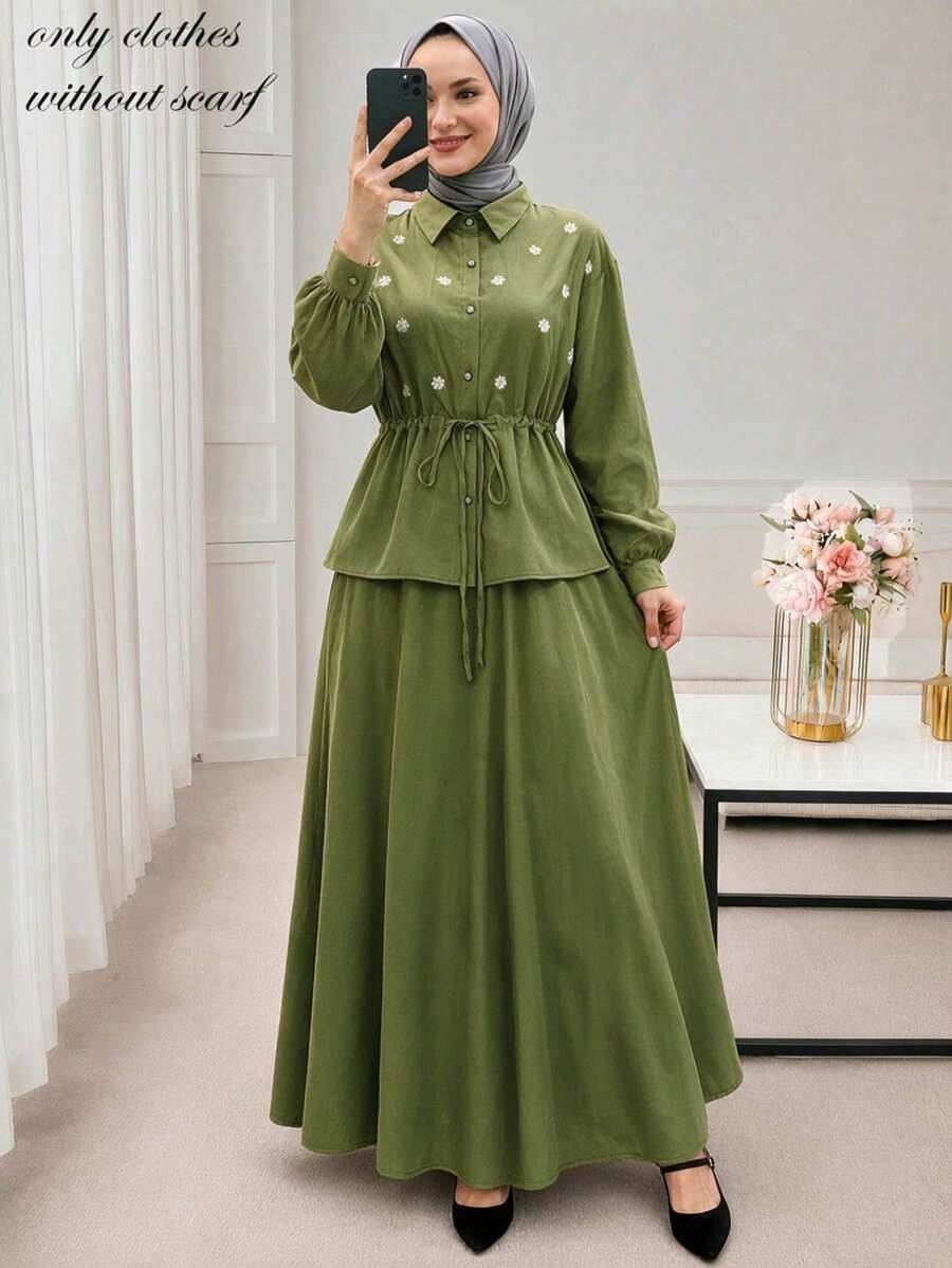 Women's Front Button Drawstring Waist Floral Embroidered 2 Pieces Set, Long Sleeve Shirt + Long Skirt Casual Outfit - Olive Green - View 1