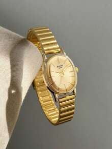 1pc Fashionable Gold Oval Small Dial Women's Quartz Watch, Minimalist Markings, Adjustable Strap, Suitable For Daily Wear - Gold - View 1