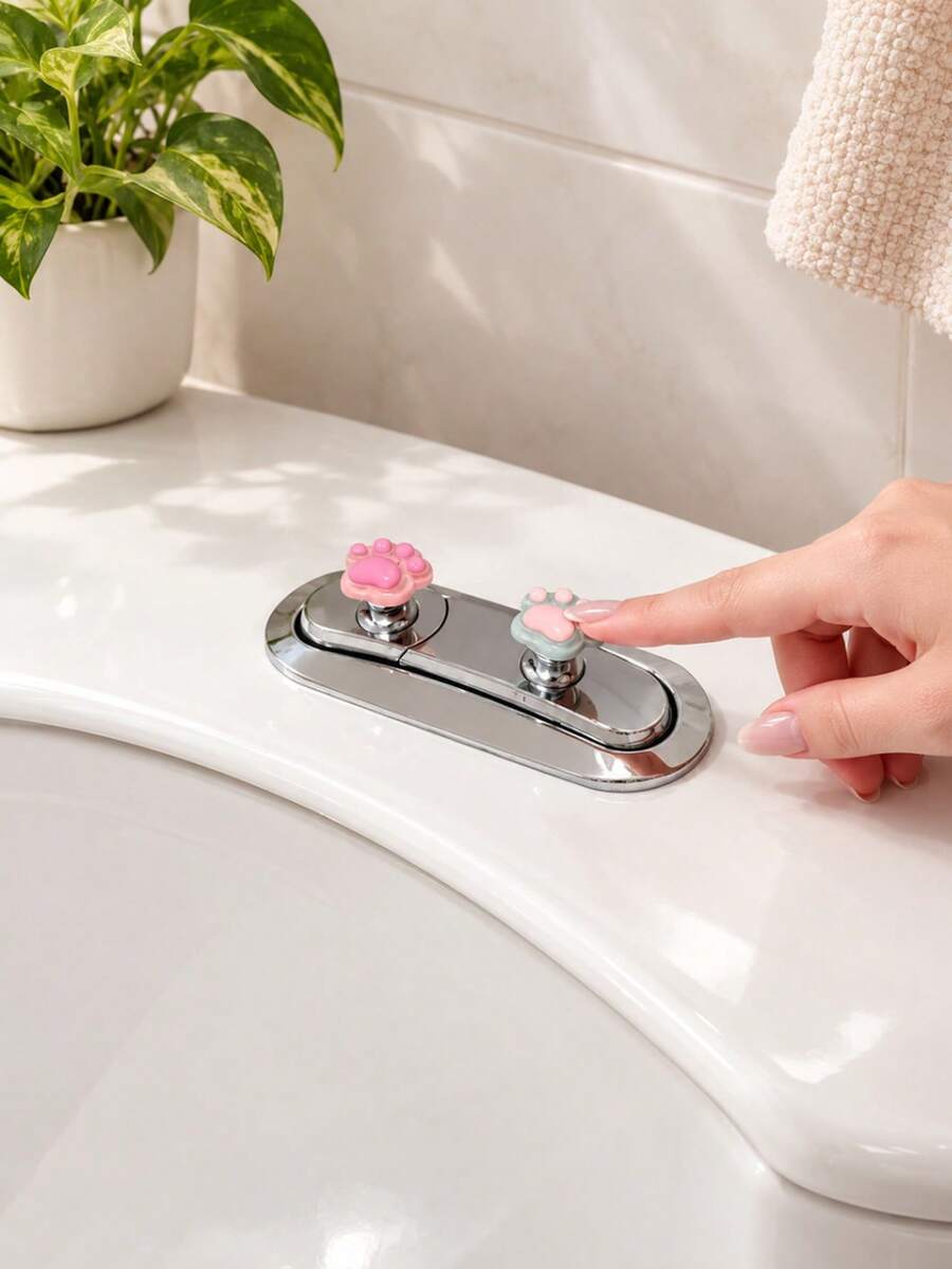 Cute Cat Paw Toilet Flush Button, Toilet Water Tank Press Decoration, Toilet Drain Handle, Stylish Bathroom Decoration, Suitable For Long Nails, Can Be Self Pasted, Practical Toilet Loading Button. - Silver Base - View 1