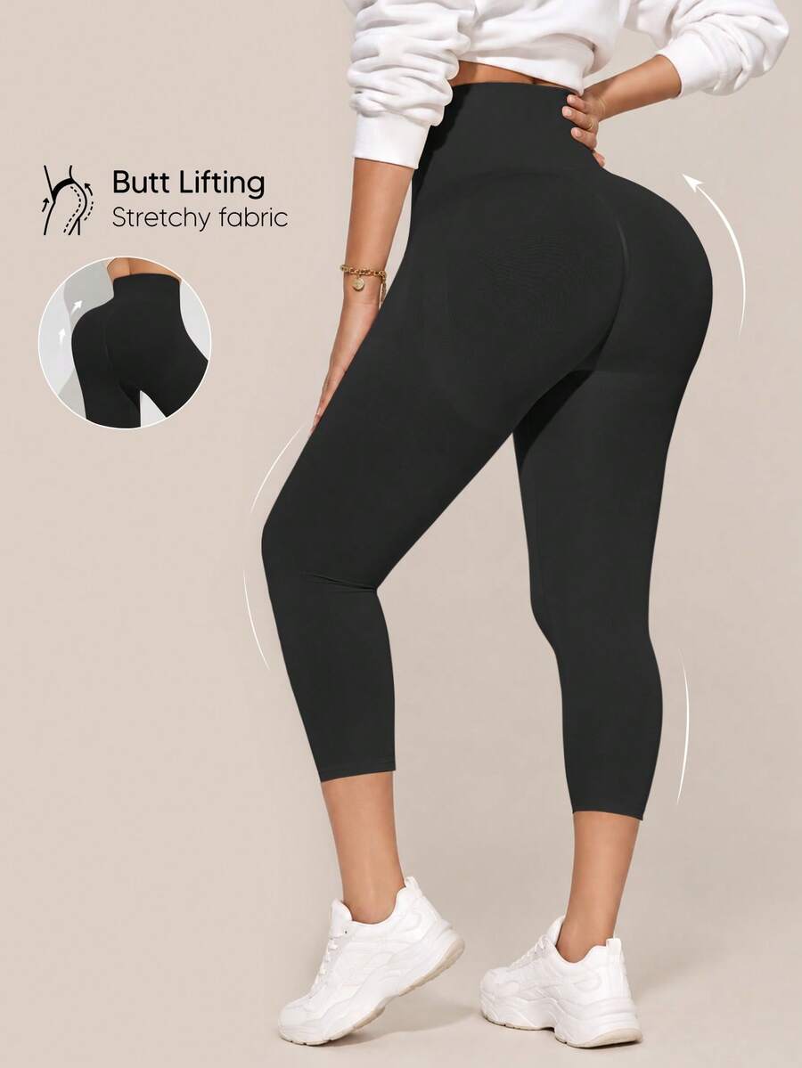 Women's High Waist Slimming Shaping 3/4 Length Leggings Black Summer