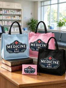 收納托特包套組，復古紅十字「MEDICINE BAG」印花大容量手提包，急救托特包，女款時尚托特包，單肩包，化妝包，旅行盥洗包，護理師、護理系學生、醫生與醫療專業人士的完美禮物，聖誕節、生日禮物 - 彩色 - 查看 2