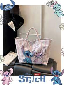 Miniso Tas Tote PVC Disney Stitch & Angel, Tas Tangan Bergaris Pink Putih, Ideal untuk Kerja, Perjalanan, Belanja, dan Penggunaan Sehari-hari - MultiWarna - View 1
