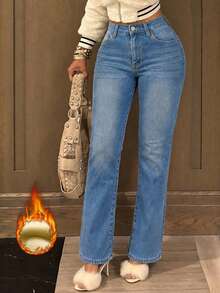 Women's Casual Straight Leg Jeans, Long Zipper Closure, Mid-Stretch, Suitable For Daily Wear - Light Wash - View 2