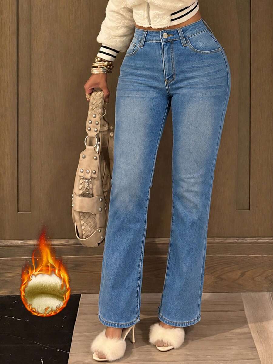 Women's Casual Straight Leg Jeans, Long Zipper Closure, Mid-Stretch, Suitable For Daily Wear - Light Wash - View 1