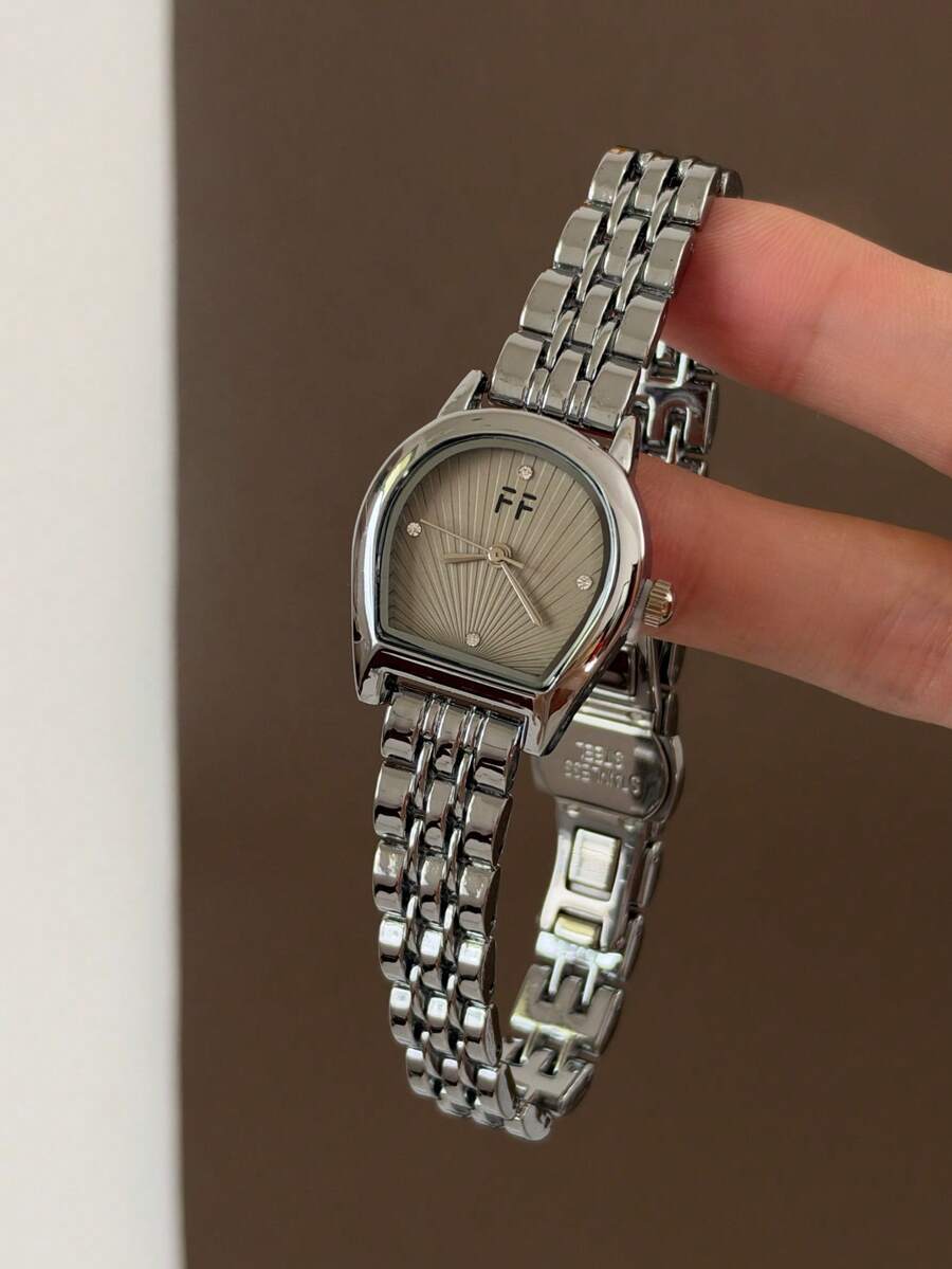 1pc Women's Quartz Watch, Round Square Case, Gray Textured Dial, Rhinestone Markers, Silver Chain Strap, Suitable For Work And Daily Wear - Silver - View 1