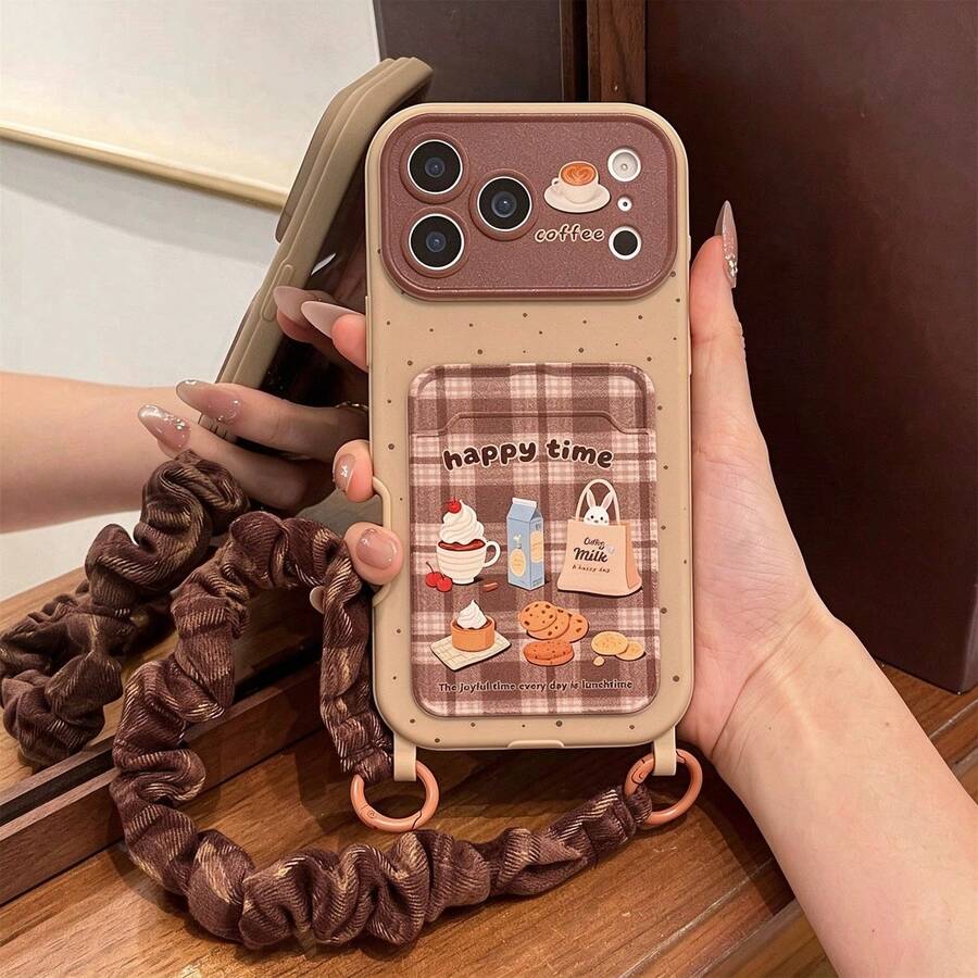 1pc Brown Card Slot Coffee Cake Painted Pattern Classic Anti-Drop Soft Card Slot Short Lanyard Phone Case Compatible With Apple 18Promax/18Pro/17Pro/17/Air/17Promax/11/12/13/14/16 Pro Max/16 Pro/15 Series Lens Protection, Holiday Gift - Khaki - View 1