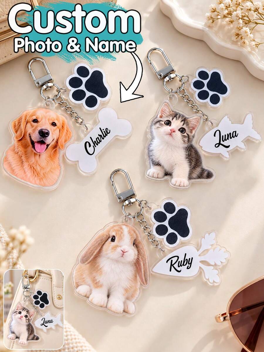 Custom Pet Paw Photo Keychain,Personalized Dog Cat Key Chain,Cute Bag Charm,Customized Pet Name Keychains,Customizable Christmas Gift For Pet Lovers - Multicolor - View 1