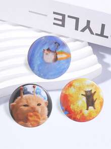 Cute Funny Space Cat Tin Badge Set, 3Pcs Cartoon Kitten Round Brooch Pins For Backpack Decor - Multicolor - View 6