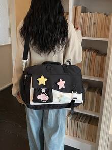 1 buah Tas Duffle Blok Warna Kawaii, Dekorasi Bintang Berbulu, Tas Perjalanan Kapasitas Besar, Tas Tangan & Tas Selempang dengan Tali yang Dapat Diatur untuk Sekolah dan Gym - MultiWarna - View 7
