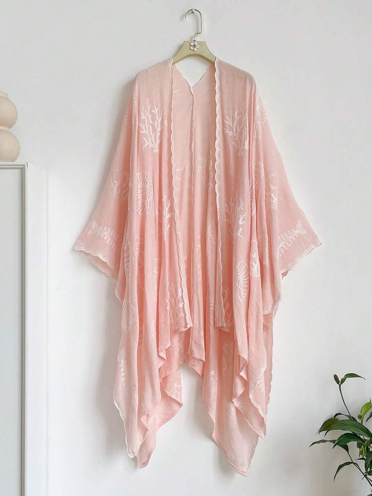 1pc Minimalist Elegant Ocean Creature Pattern Embroidered Split Shawl Women's Spring/Summer Kimono, Sarong Beach Vacation Sun Protection Embroidered Cardigan Fashion Versatile Luxury Decorative Suitable For Daily Wear Gift Choice - Pink - View 1