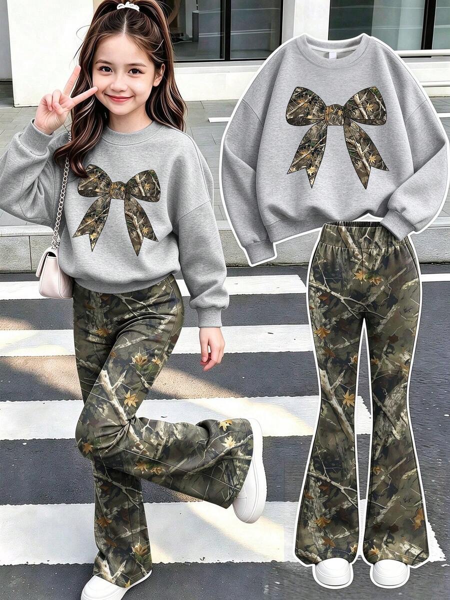 2pcs/Set Girls Outfit, Round Neck Sweatshirt With Bare Branch And Butterfly Print, Paired With Loose Flare Pants, Suitable For Autumn/Winter Wear - Grey - View 1