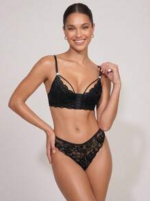 Cheekology 1 Set Lace Patchwork Front Closure Sexy Lingerie Bra And Panty Set For Women - Black - View 3