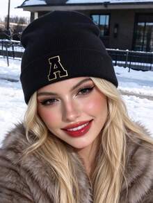 Women's Black Ribbed Cuff Knit Hat (With A-Z Gold Letters), Soft Knit Fabric, Versatile Warm Windproof Winter Knit Hat - Black - View 4