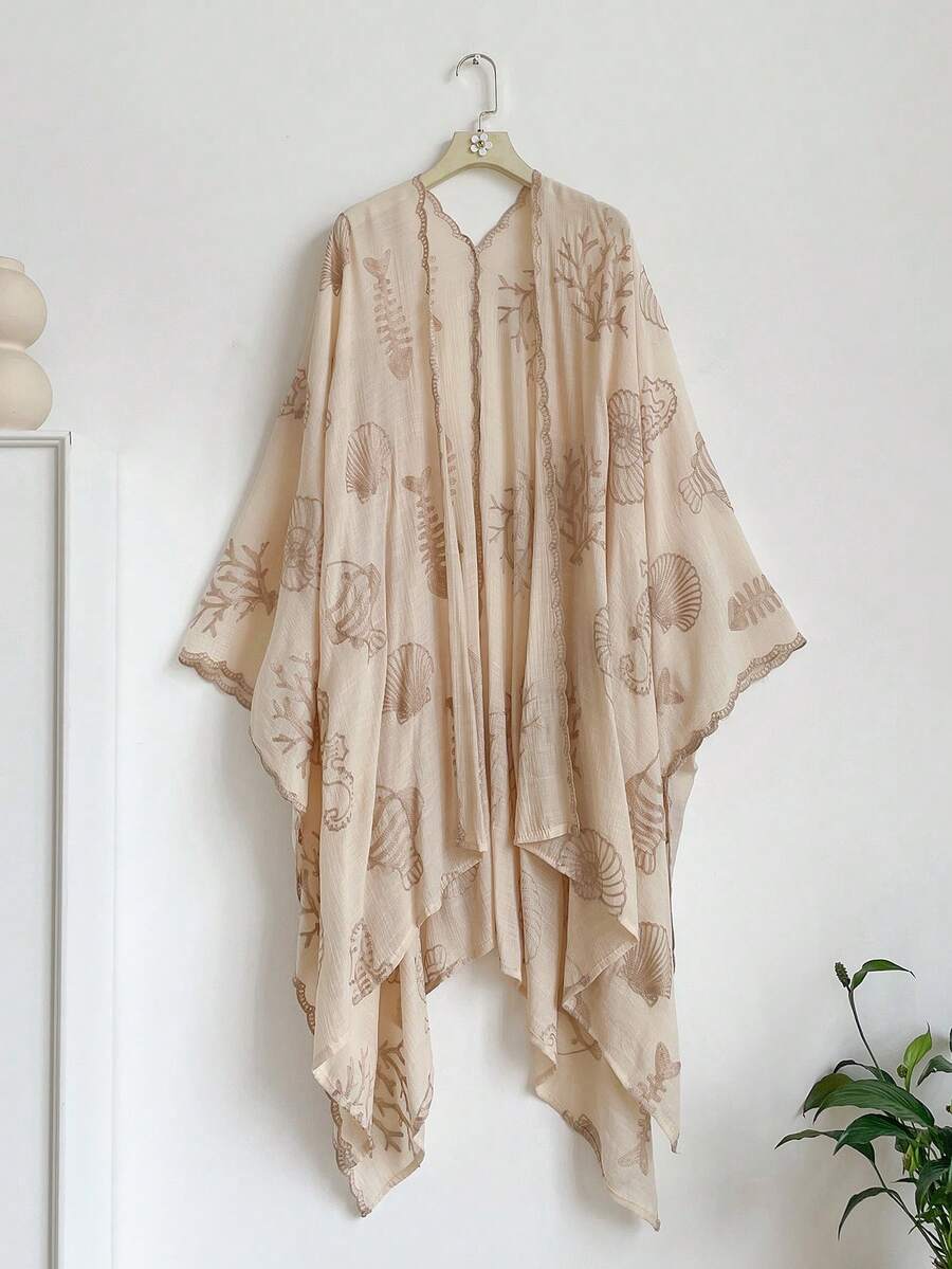 1件極簡優雅海洋生物圖案刺繡開襟披肩,女款春夏和服式圍裙,沙龍,海灘度假防曬罩衫,時尚百搭輕奢裝飾開襟衫,適合日常穿著,禮品首選 - 米色 - 查看 1