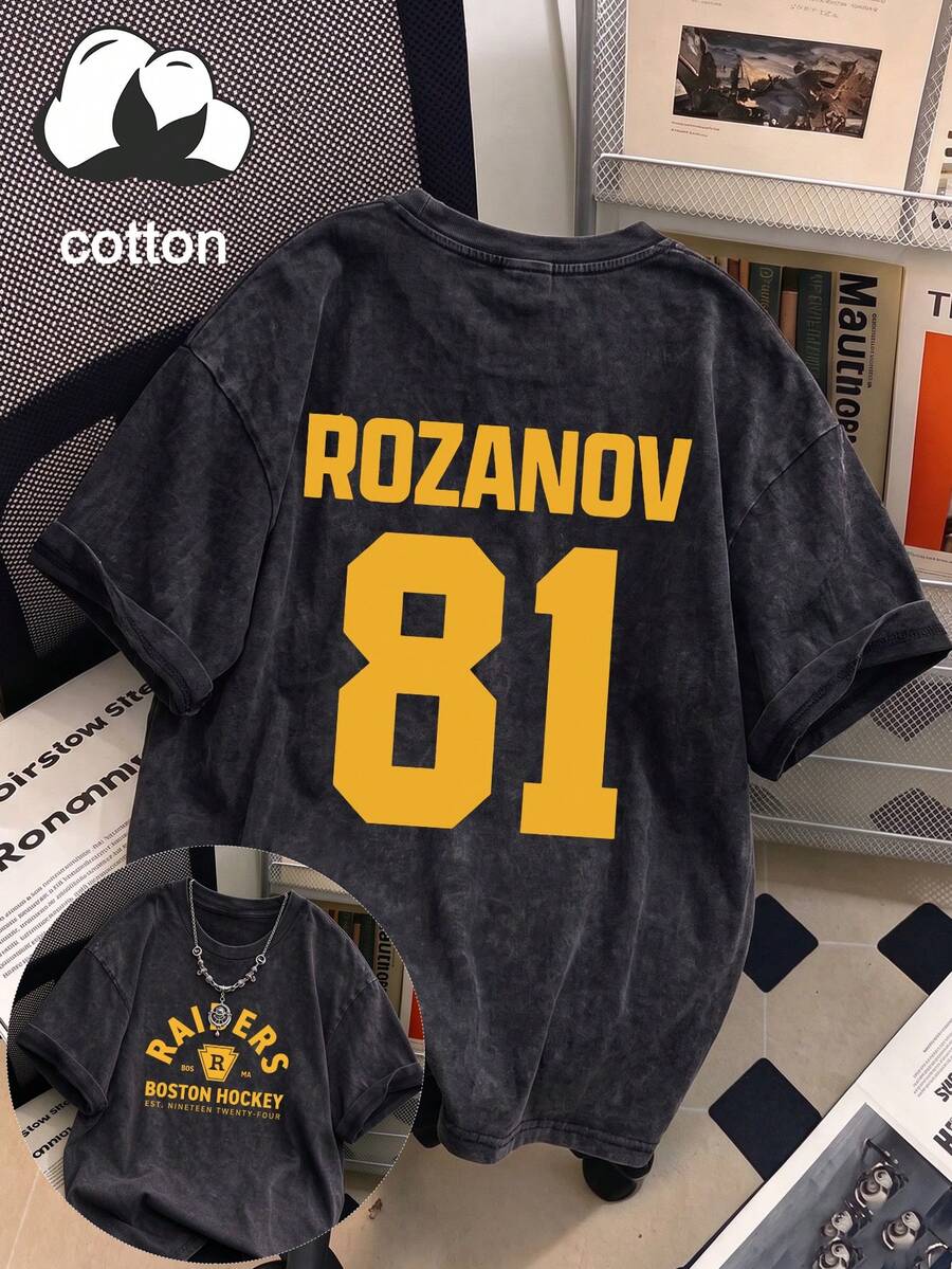Shane Holland Vs. Ilya Rozanov Vintage Washed Women Casual Loose Cartoon Print Short Sleeve T-Shirt, Suitable For All Seasons Black Summer - Black - View 1