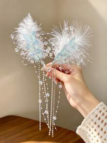 2pcs Iridescent Butterfly Beaded Feather Tassel Hair Clips, 3 Colors Available, Bridal Headpiece For Wedding, Party, Fairy Style - Multicolor - View 8