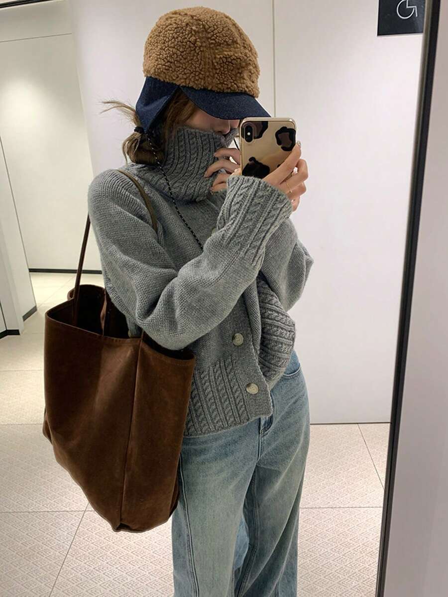 Korean Style Solid Color Stand Collar Cable Sleeve Sweater, Autumn/Winter New Vintage Hong Kong Style Lazy Knit Cardigan For Women