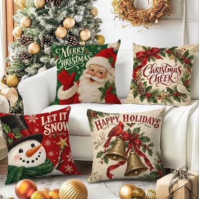 4pcs/Set Christmas Santa Claus, Wreath, Snowman, Bell, Bow Combination Pattern Pillow Covers, Modern Fabric Plush Printed Cushion Covers Suitable For Autumn Sofa Bedroom Home Decor, No Filling