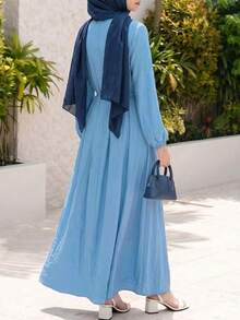 Women's Vertical Pleated Front Button Waist Flowy Long Dress, Elastic Cuffs Casual Elegant Maxi Dress, Suitable For Daily Wear - Baby Blue - View 5