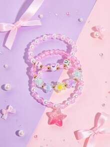 3pcs/Set Shiny Star Pendant Elastic Beaded Children's Bracelet Set, Stackable Daily Wear Jewelry Bracelets For Girls - Multicolor - View 1