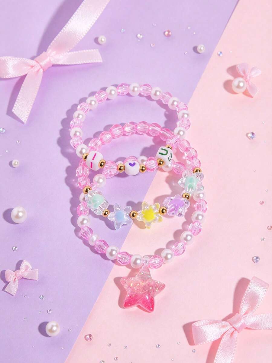 3pcs/Set Shiny Star Pendant Elastic Beaded Children's Bracelet Set, Stackable Daily Wear Jewelry Bracelets For Girls - Multicolor - View 1