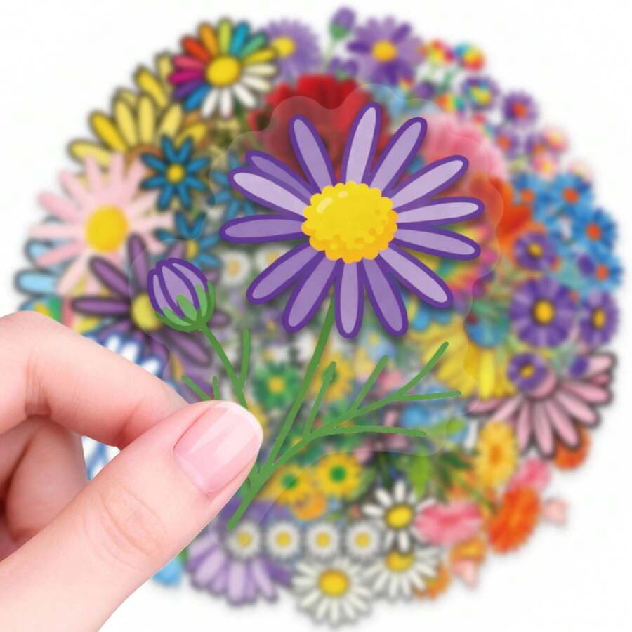56pcs Fresh Daisy Floral Doodle PET Stickers, Suitable For Decorating Stationery, Gift Packaging, Patterned Envelope Seals, Self-Adhesive Labels, Planner And Creative Projects - one-size - View 1