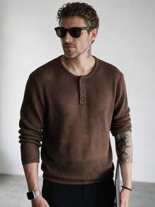 Men's Hollow Out Loose Drop Shoulder Henley Collar Long Sleeve Polo Shirt - Brown - View 1
