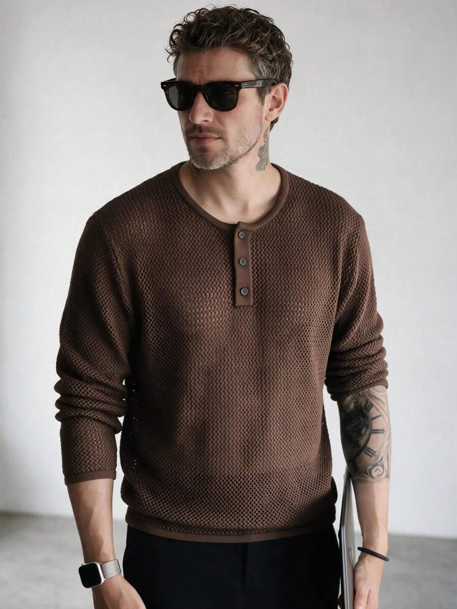 Men's Hollow Out Loose Drop Shoulder Henley Collar Long Sleeve Polo Shirt - Brown - View 1