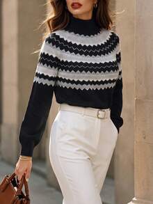 DONICY Women Elegant Half Turtleneck Fair Isle Sweater, Retro Wave Stripe Long Sleeve Cropped Knit Top - Multicolor - View 9