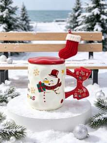 1pc Christmas Mug With Red Lid, Ceramic Mug Cute Bow Handle Coffee Tea Cup, 3Xmas Patterns Holiday Table Decor, Secret Santa Christmas Gift - Multicolor - View 9