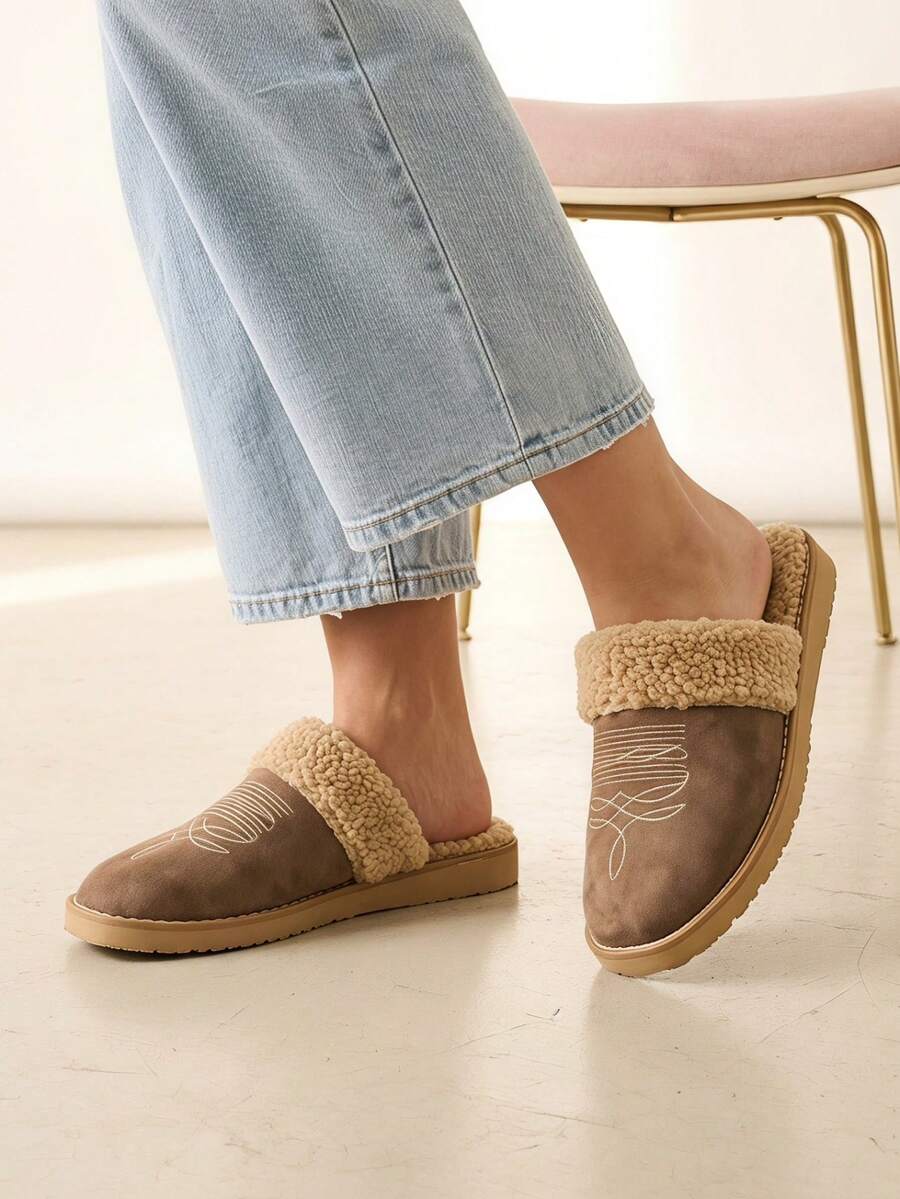 Zuecos cómodos para mujer con forro de piel sintética, tipo gamuza, para interiores y exteriores, con detalles bordados. - Topo - Ver 1