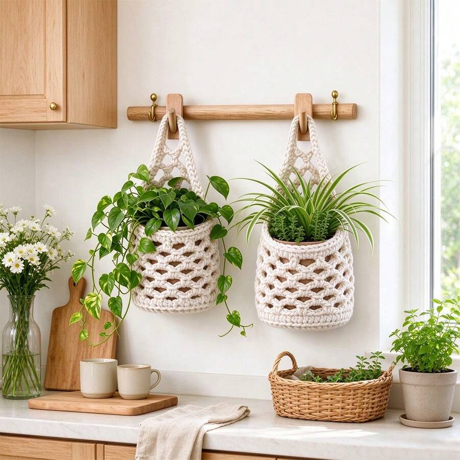 1pc Bohemian Style Woven Hanging Planter Basket, Woven Wall Hanging Fruit And Vegetable Storage Basket, Small 4-Inch Flower Pot Pocket Storage Rack, Decorative Cotton Rope Mesh Hanging Rack, Suitable For Home Living Room Bedroom Entryway Kitchen Wall Decor, Multi-Functional - Wall-mounted Plant Basket - View 1