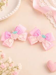 2Pcs Pink Gingham Grosgrain Ribbon Bows For Girls Cute Crochet Peach Lace Decor Alligator Clips Daily Fall Winter Hair Clips Kids Hair Accessories - Multicolor - View 5