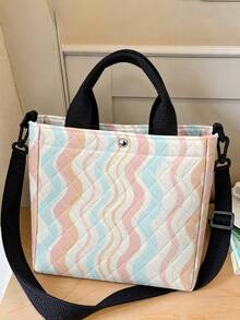 1 buah Tas Tote Motif Garis Berwarna-warni dengan Pola Berlian, Kancing Jepret, Tali Selempang yang Dapat Dilepas, Tas Bahu Serbaguna Kapasitas Besar untuk Perjalanan, Festival Musik - MultiWarna - View 3