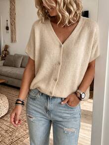 FOR BEAUTY V-Neck Button Short Sleeve Oversized Knit Cardigan, Women Casual Vacation Wear, Off-Shoulder Sweater, Essential For New Year Summer - Light Beige - View 4