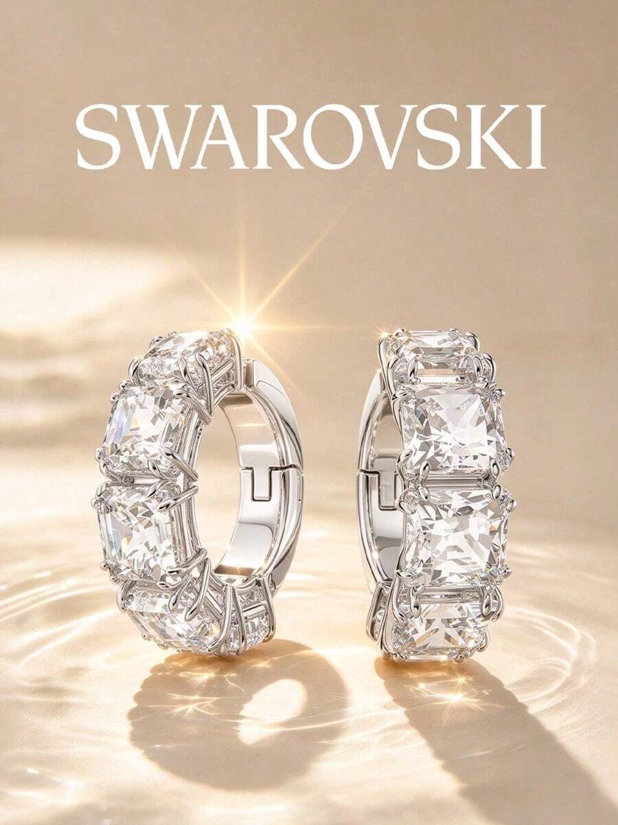 Anting-anting Lingkaran Kristal Potongan Persegi SWAROVSKI Bertabur Kristal Penuh, Bentuk Persegi Meruncing, Hadiah Ulang Tahun untuk Pacar - Perak - View 1