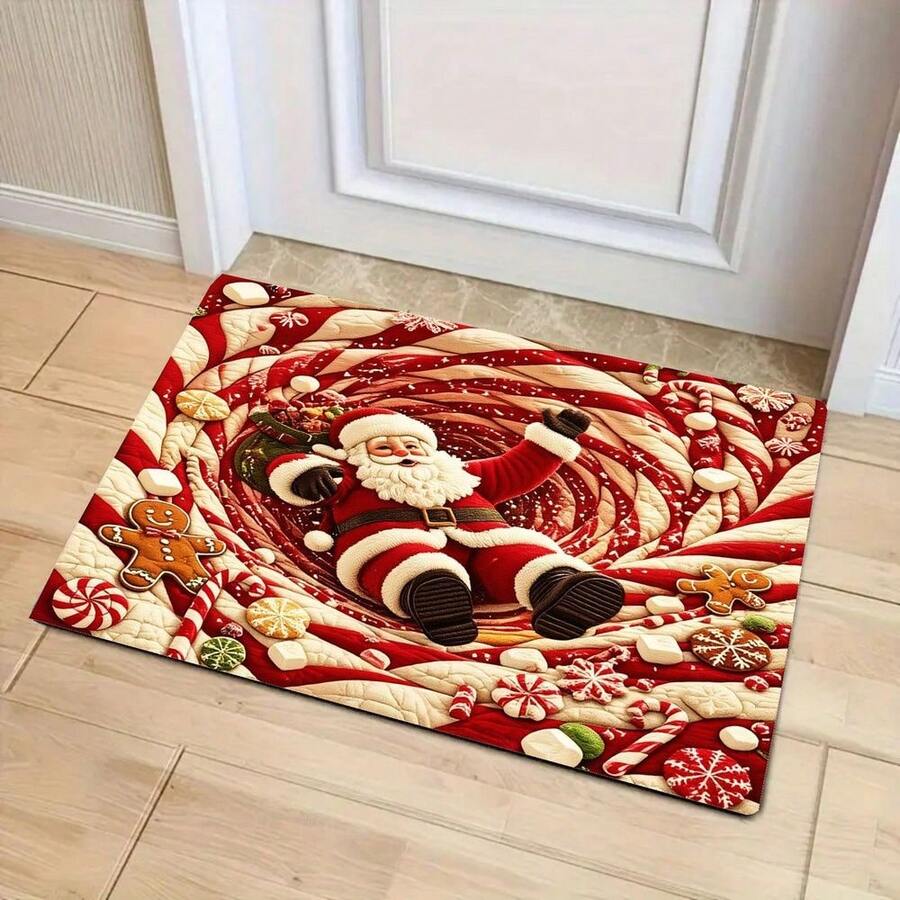 Christmas New Best Seller - Daily Decoration - Holiday Decoration - Christmas - Santa Claus & Gingerbread Man Print - Candy Theme Doormat - Soft Flannel 900g/M², Machine Washable, Durable, Easy To Clean, Suitable For Indoor Doormat, Outdoor Doormat, Home Decor, Christmas Party Decoration, Living Room Rug, Bedroom Rug, Kitchen Rug, Area Rug, All Season Use - Multicolor - View 1