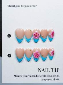 Long Lasting Handmade 10PCS Short Almond Press On Nails Nude Base Bright Blue French Tip With 3D Pink Purple Gradient Flower Decor Glossy Reusable False Nails Suitable For Daily Life And Party Wear In Autumn Winter - Multicolor - View 3