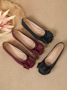 Wine Red Satin 3D Bow Square Toe Ballet Shoes For Women, Low Vamp Soft Sole Slip-On, Party & Commute Pumps - Burgundy - View 5