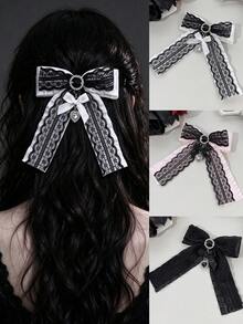 1pc Gothic Vintage Style Multi-Layer Ribbon Lace Bow Edge Rhinestone Decorated Heart Pendant Long Streamer Hair Accessory For Girls - Multicolor - View 9