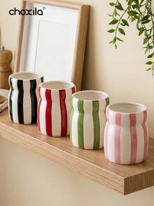 choxila 1pc Decorative Vertical Striped Ceramic Storage Rack, Glossy Hand-Painted Tableware Organizer Basket, Suitable For Kitchen Countertop, Dining Room, Home Decor - Multicolor - View 2