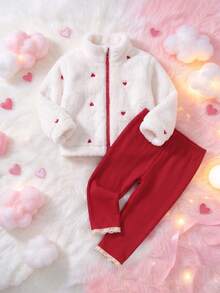 Girls' Autumn/Winter Heart Fleece Zip-Up Jacket And Red Ribbed Leggings 2 Pieces Set, Cute Casual Outfit - Multicolor - View 2